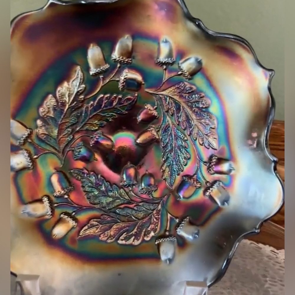 .Antique Fenton Carnival Glass Radium Fall Acorn Pattern Ruffled Bowl, Blue